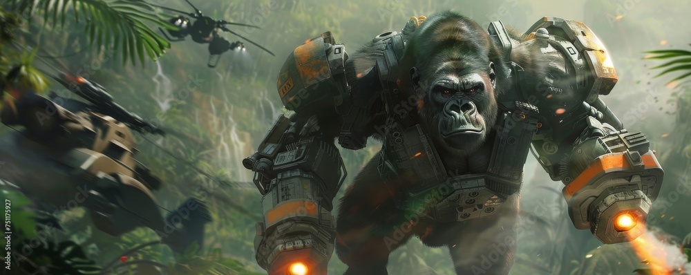Robot gorilla with armmounted plasma blasters guarding a hightech jungle outpost - obrazy, fototapety, plakaty 