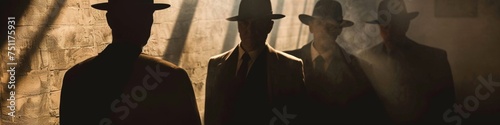 Silhouette of a mafia meeting hats casting long shadows in a dimly lit room hinting at secrecy photo