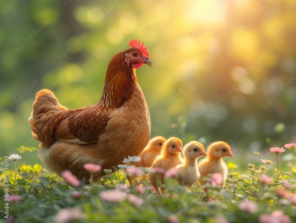 Fototapeta premium hen with chicks in the grass