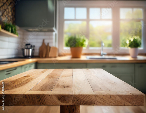 Empty wooden top table in kitchen with blurred window background