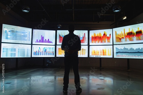 Data Driven A Man Standing in Front of a Wall of Monitors Showcasing Monthly Trends and Events Generative AI