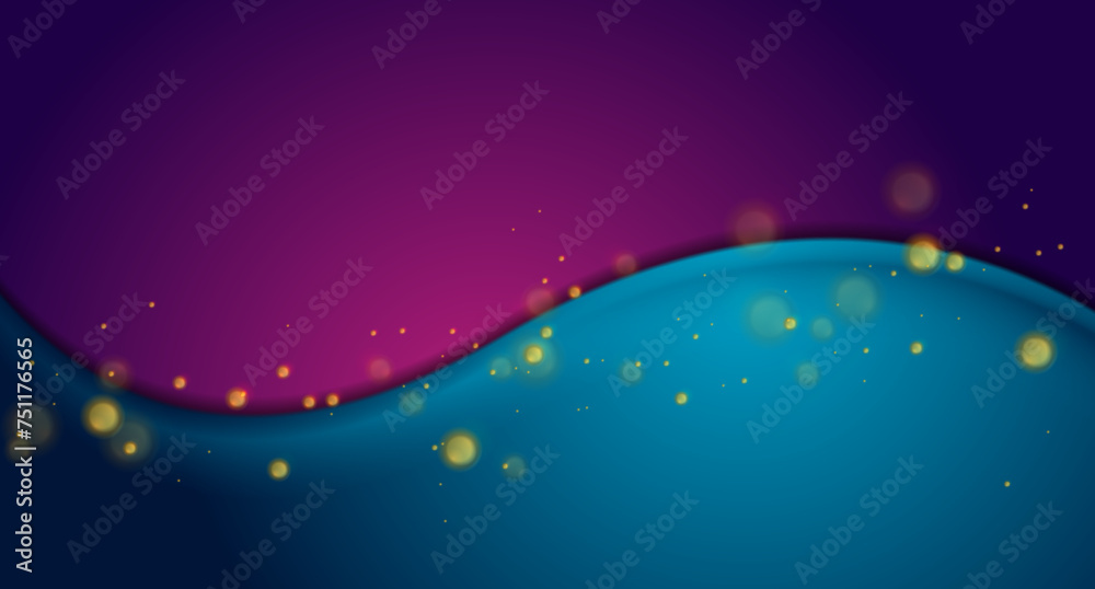 Fototapeta premium Blue violet wave and golden bokeh lights abstract retro glowing background. Vector art design