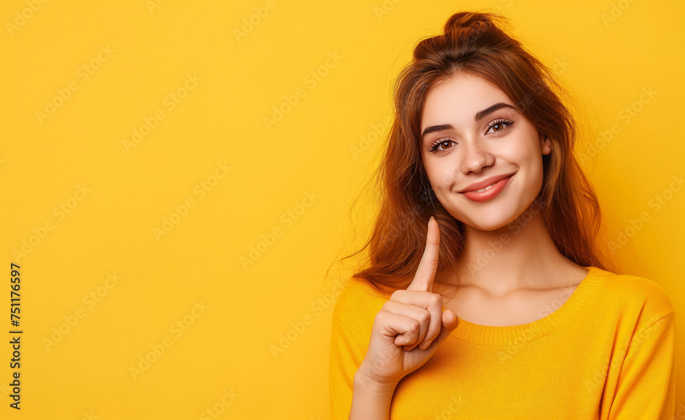 Smiling woman in a yellow shirt pointing upward against a yellow background. Smiling woman in a yellow shirt pointing upward against a yellow background.