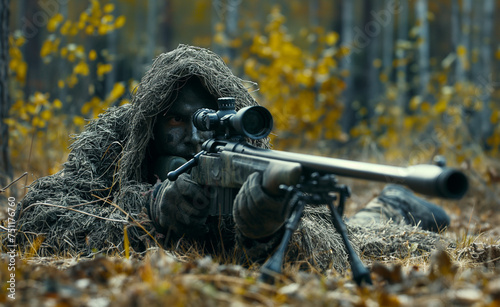 Silent Sentinel: Sniper Soldier in Ghillie Suit photo