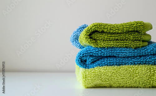 Fresh and Clean: Green and Blue Washcloths on Light Background