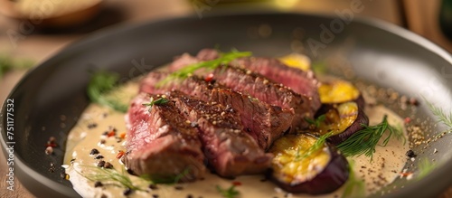 A close-up view of a piece of Wagyu steak cooking in a hot pan on a wooden table. The steak is searing and sizzling as it cooks, releasing mouth-watering aromas.