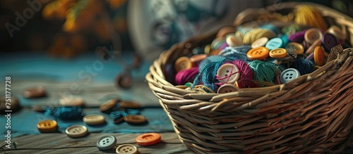 A wicker basket sits in the corner of the frame, brimming with a variety of differently colored buttons, adding a vibrant display of colors to the scene.