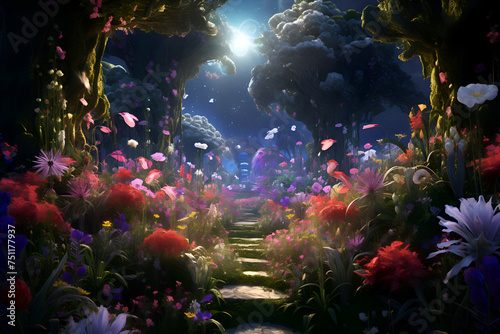 Fantasy landscape with a path leading to the sun through the flowers