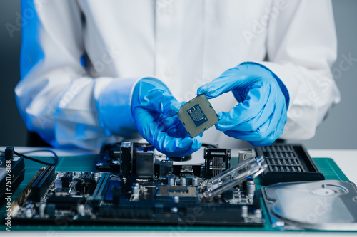 The technician is putting the CPU on the socket of the computer motherboard. electronic engineering electronic repair,