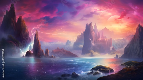Fantasy alien planet. Mountain and sea. Sunset. 3D illustration