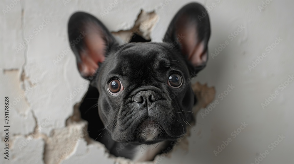 black french bulldog peeking out of the wall portrait