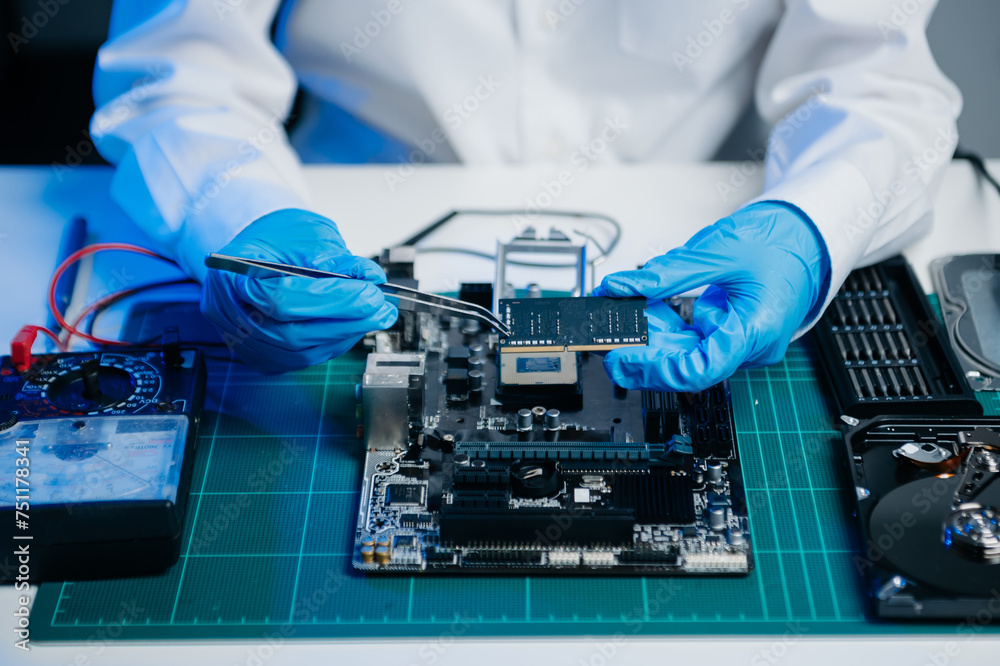Electronics technician, electronic engineering electronic repair, electronics measuring and testing, repair and maintenance concepts.uses a voltage meter Electronics technician, electronic engineering electronic repair, electronics measuring and testing, repair and maintenance concepts.uses a voltage meter