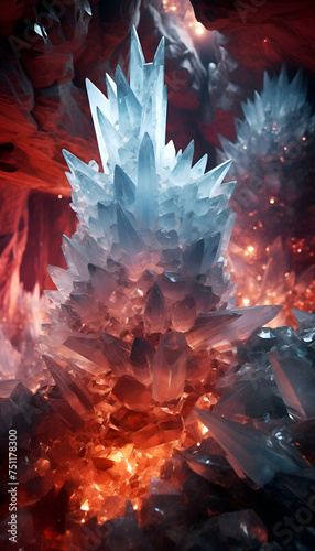Close-up of crystals of crystalline quartz in red and blue photo