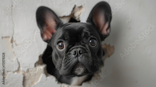 black french bulldog peeking out of the wall portrait © Olexandr
