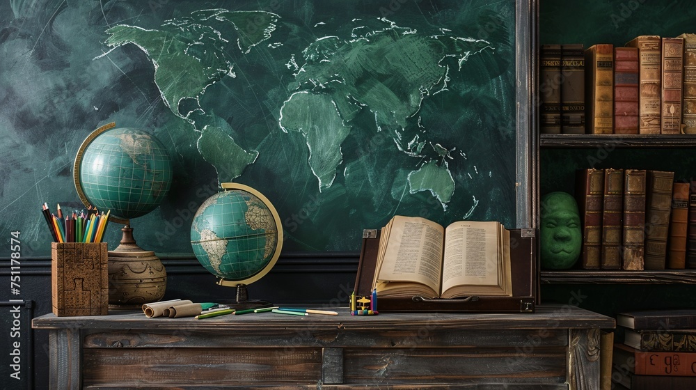 World Map and Globe on a Chalkboard Generative AI - obrazy, fototapety, plakaty 