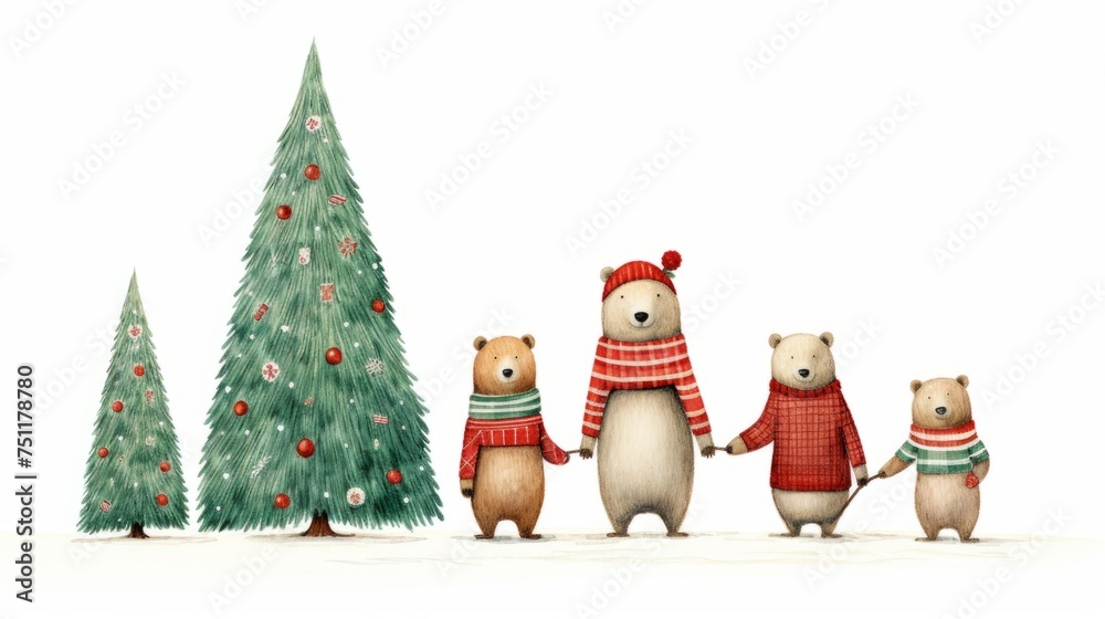 A charming watercolor illustration featuring a festive polar bears family near a Christmas tree, designed in a Scandinavian red-green boho style. Postcard-style against a white background.
