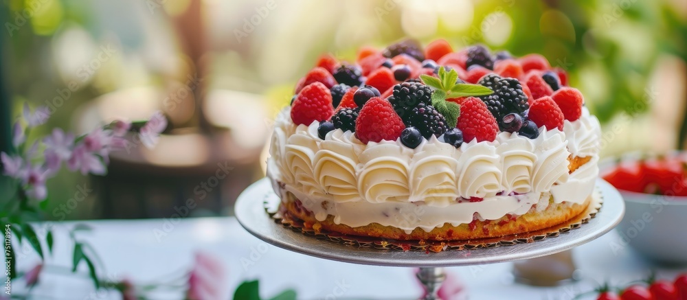 A delectable cake topped with fresh berries sits on a wooden table, ready to be enjoyed on a sunny day filled with celebration and good food. A delectable cake topped with fresh berries sits on a wooden table, ready to be enjoyed on a sunny day filled with celebration and good food.