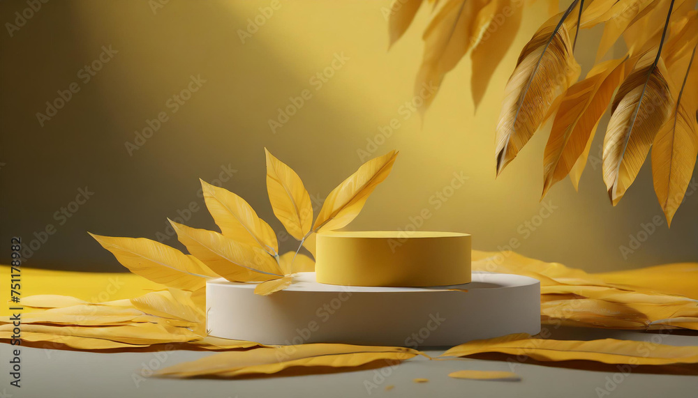 Gilded Glamour: 3D Rendered Yellow Background Podium Scene with Yellow Leaf Platform