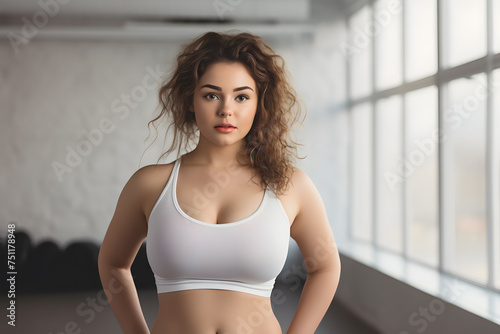 Curvy woman in sport clothes in front blurry gym background