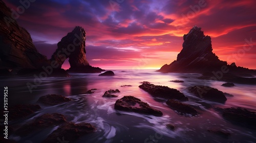 sunset over the sea - panoramic view of rock formation