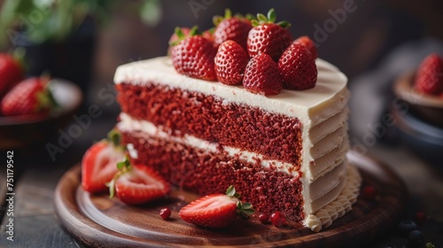 Whole red velvet cake with strawberries