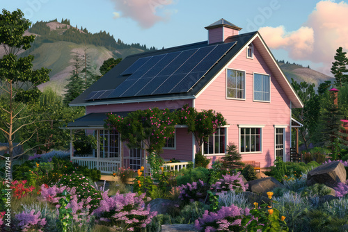 House with solar panels installed, blending seamlessly into the serene pink background, Generative AI