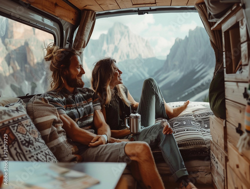 Couple relaxing on vacation in their camper van camping trip in the mountains 