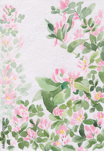 Watercolor background of small pink honeysuckle flowers