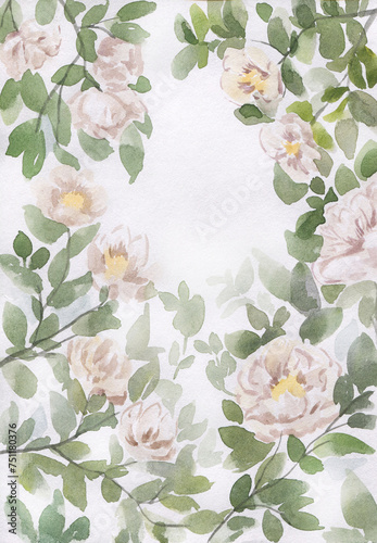 Watercolor background of watercolor white roses