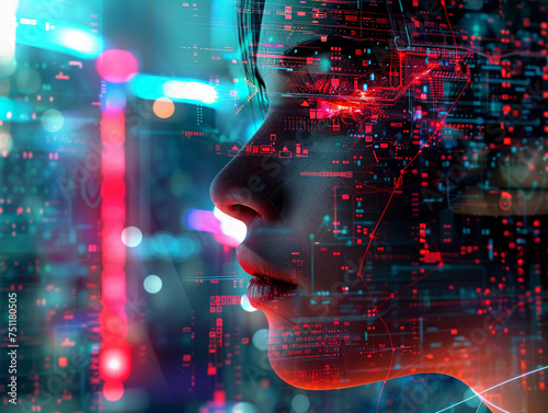 Cyberpunk woman portrait futuristic technology, Metaverse concept. 