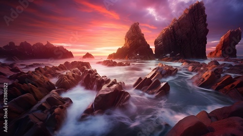 beautiful seascape with red rocks at sunset. long exposure