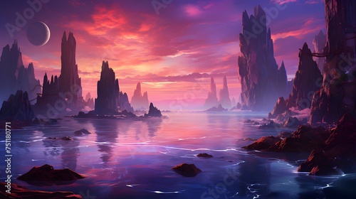 Fantasy landscape with mountains and sea at sunset. 3d illustration