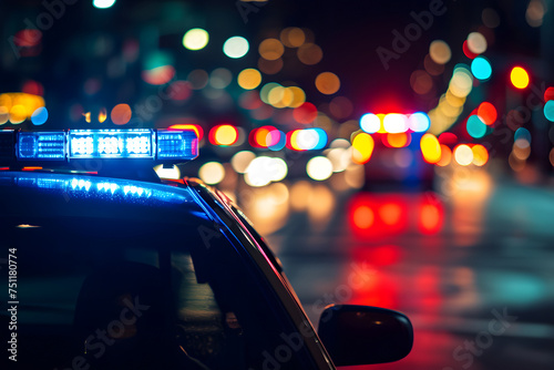 police car lights at night in city street with selective focus and bokeh. Neural network generated image. Not based on any actual person or scene.