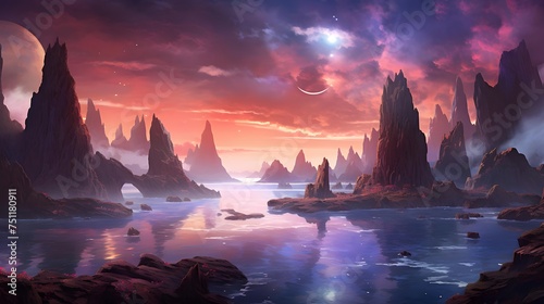 Fantasy alien planet. Mountain and lake. 3D illustration. © Iman