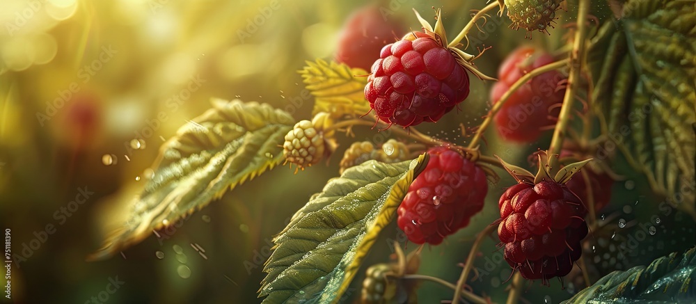 A cluster of ripe raspberries hangs from tree branches, surrounded by green leaves and twigs. The vibrant red fruits are ready for picking, contrasting against the lush greenery.