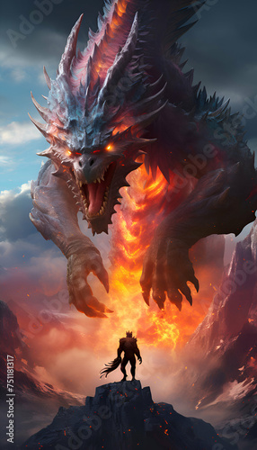 3D rendering of a monster with a dragon in the background.