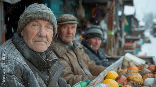 three poor homeless elderly people rummaging through the trash photo