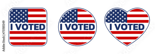 Vote icon, badge or sign set. I voted sticker with USA flag. Voting, presidential campaign concept. American election design element. Vector illustration.
