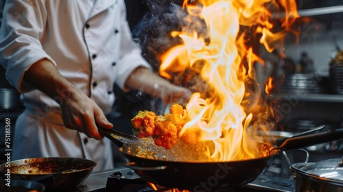 Close-up of the Professional chef s hands cooking food on fire in the kitchen at a restaurant. The chef burns food in a professional kitchen