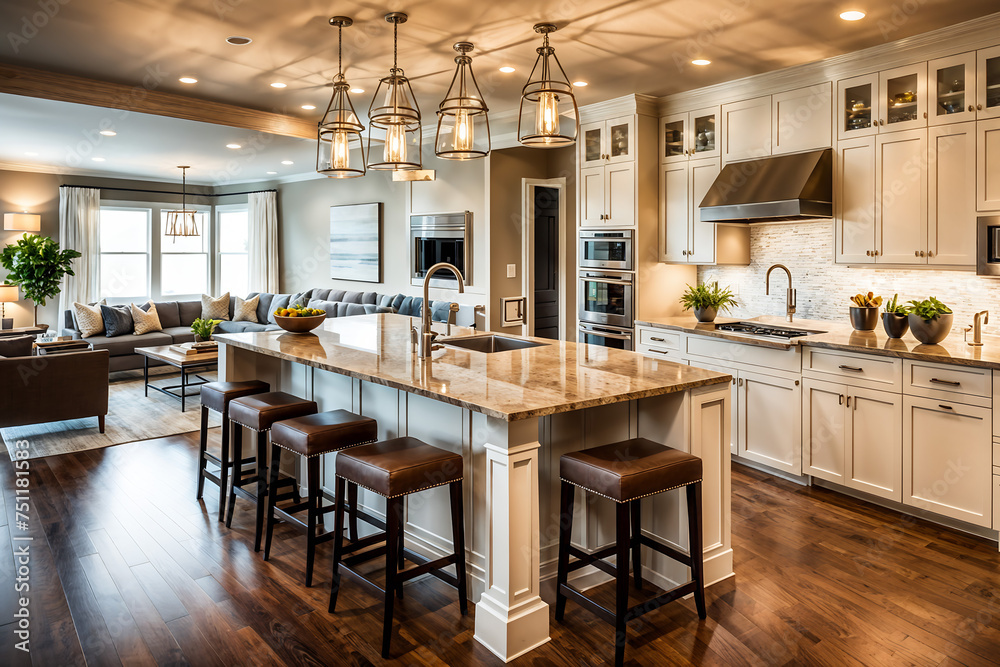 Cozy open kitchen design with warm wood tones, soft lighting, and comfortable seating arrangements that invite family and friends to gather