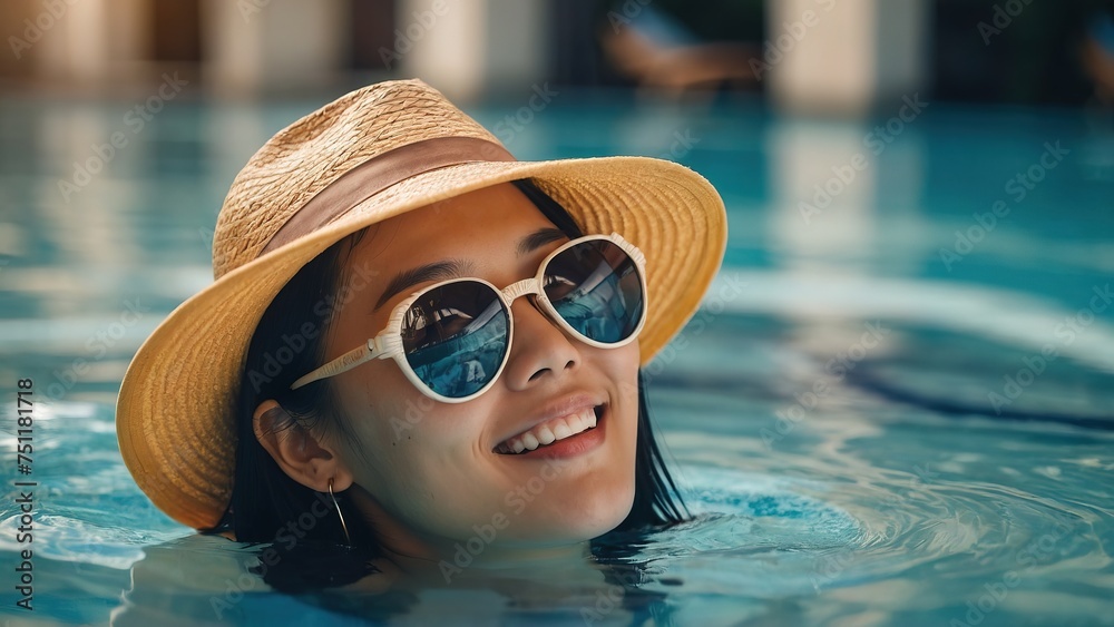 Beautiful Asian Girl Floating Swimming On Water Stock Photo | Adobe Stock
