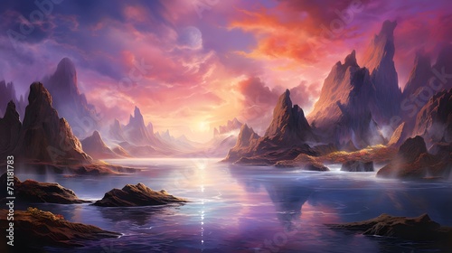 Fantasy alien planet. Mountain and lake. 3D illustration.