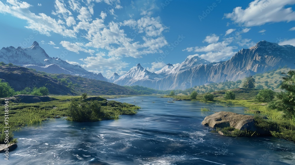 A winding river at the base of imposing mountains, with a clear, azure sky enhancing the scenic beauty.
