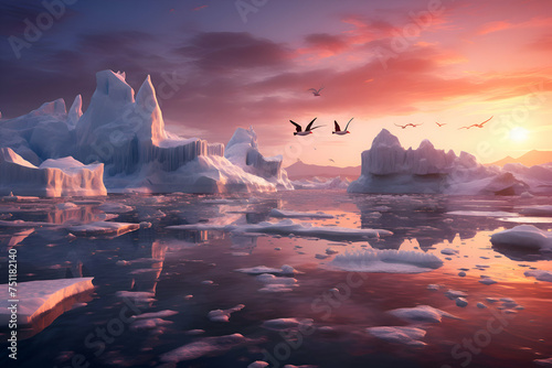 Icebergs and seagulls at sunset. 3d rendering
