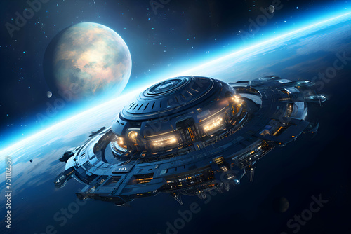 Futuristic spaceship in space with planets and stars. 3D rendering