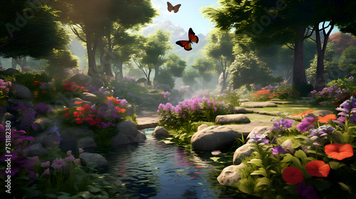 3D render of a beautiful garden with flowers and butterfly in the morning