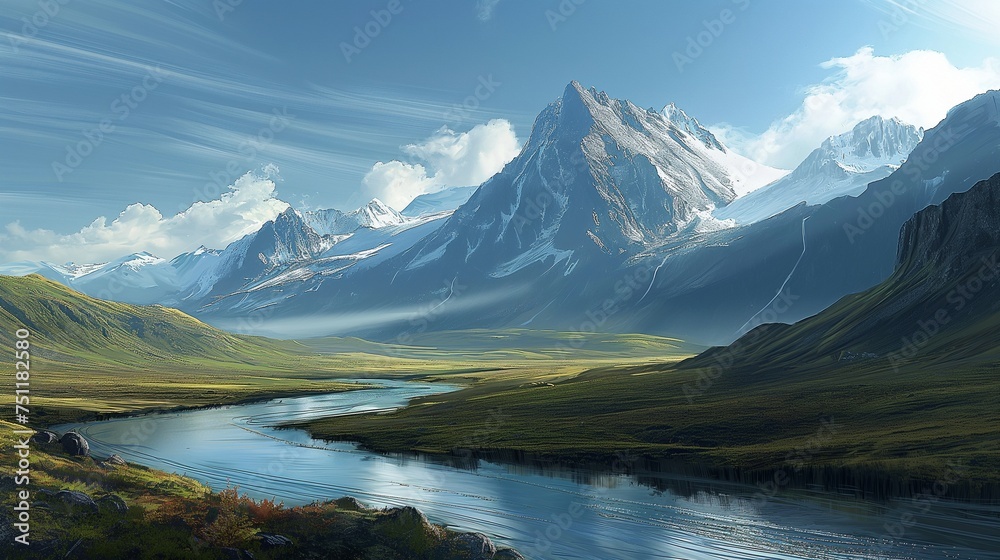 A winding river at the base of imposing mountains, with a clear, azure sky enhancing the scenic beauty.