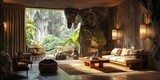 Natural rock-based living room in a cave with a gorgeous view of outdoors