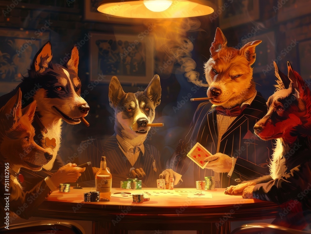 Dogs in pinstripe suits gathered around a poker table cigars in mouths ...