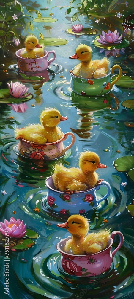 Ducklings navigate through gentle waters in colorful teacup boats lily pads and flowers adorning their path